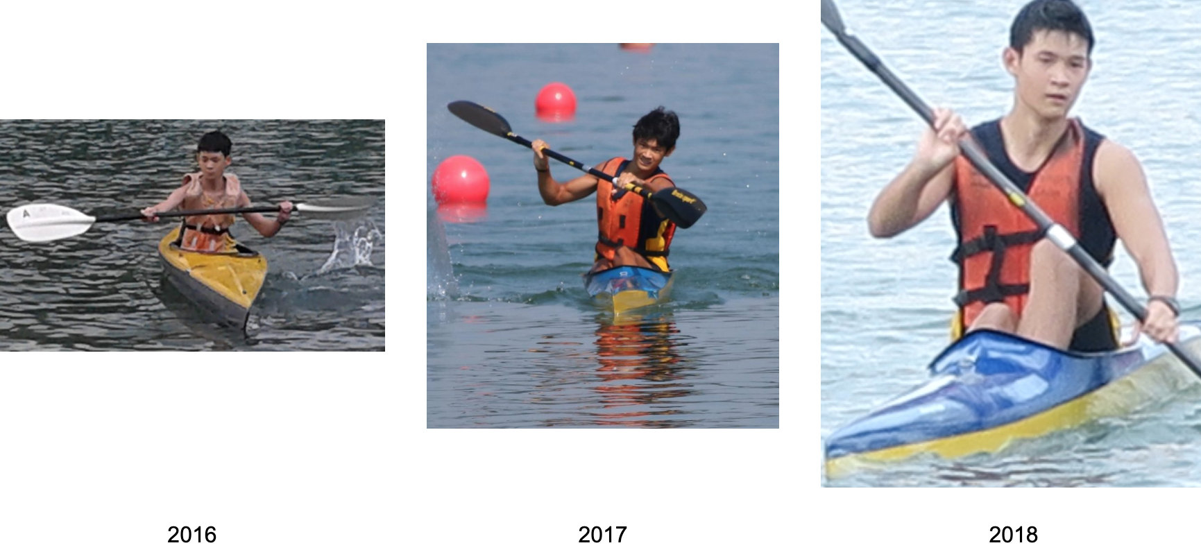 Three photos from 2016, 2017, and 2018 showing a young man kayaking on water, visibly growing older each year.